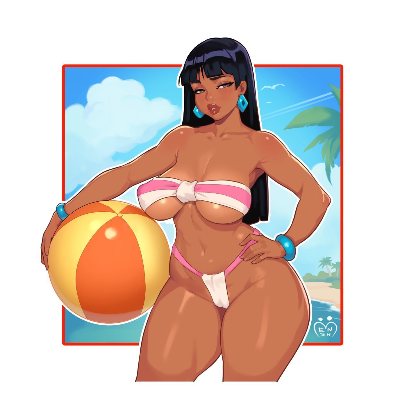 chel (el dorado), the road to el dorado, highres, 1girl, armpits, ball, beach, beachball, bikini, black hair, blush, bracelet, breasts, brown eyes, cleavage, cropped legs, earrings, groin, hand on own hip, highleg, highleg bikini, holding, holding ball, holding beachball, jewelry, large breasts, lipstick, long hair, looking at viewer, makeup, mensh, navel, ocean, open mouth, palm tree, solo, stomach, swimsuit, tree, white bikini