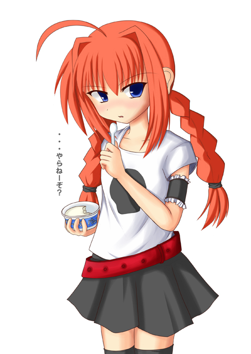 yuuki shougo, vita (nanoha), lyrical nanoha, mahou shoujo lyrical nanoha, mahou shoujo lyrical nanoha a's, 00s, 1girl, ahoge, armband, belt, blue eyes, blush, braid, female focus, red hair, shirt, skirt, solo, spoon, t-shirt, thighhighs, twin braids, zettai ryouiki