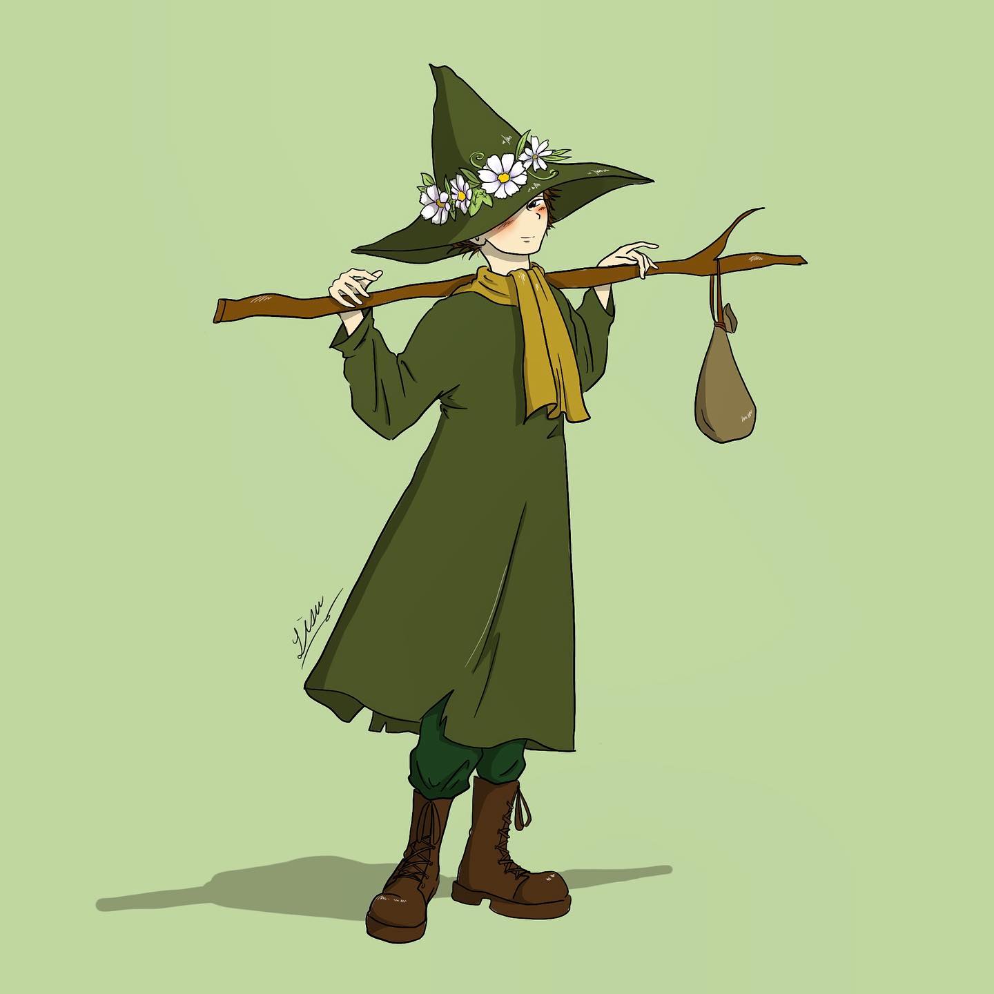 lisa (illustsan430), snufkin, moomin, commentary, flower request, highres, 1boy, artist name, bindle, blush, boots, brown bag, brown boots, brown hair, closed mouth, flower, full body, green background, green hat, green pants, green robe, hands up, hat, hat flower, hat over one eye, holding, holding stick, lace-up boots, long sleeves, looking at viewer, looking to the side, male focus, one eye covered, pants, pants tucked in, pouch, robe, scarf, shadow, short hair, sideways glance, signature, simple background, smile, solo, standing, stick, white flower, wide brim, yellow scarf