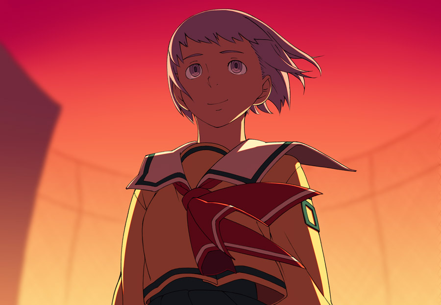 go robots, original, light purple hair, 1girl, female focus, looking afar, purple eyes, school uniform, serafuku, smile, solo, sunset, wind