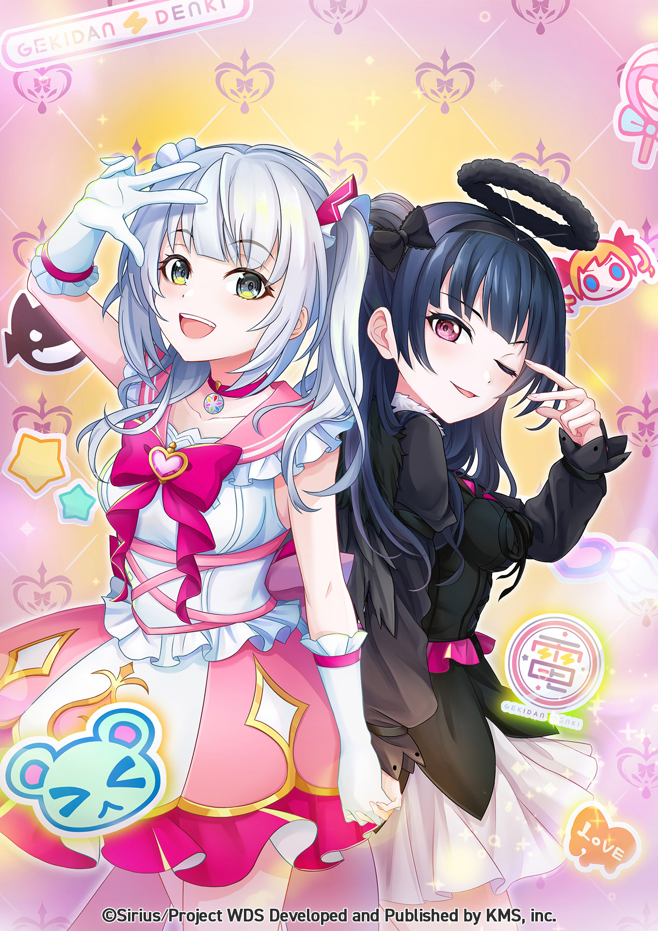 senju iroha, tsushima yoshiko, yohane (genjitsu no yohane), genjitsu no yohane, love live!, love live! sunshine!!, world dai star, highres, official art, 2girls, black hair, blunt bangs, bow, choker, dress, gloves, green eyes, hair bow, holding hands, long hair, long sleeves, looking at viewer, multiple girls, omizu83, one eye closed, open mouth, smile, v, v over eye, white gloves