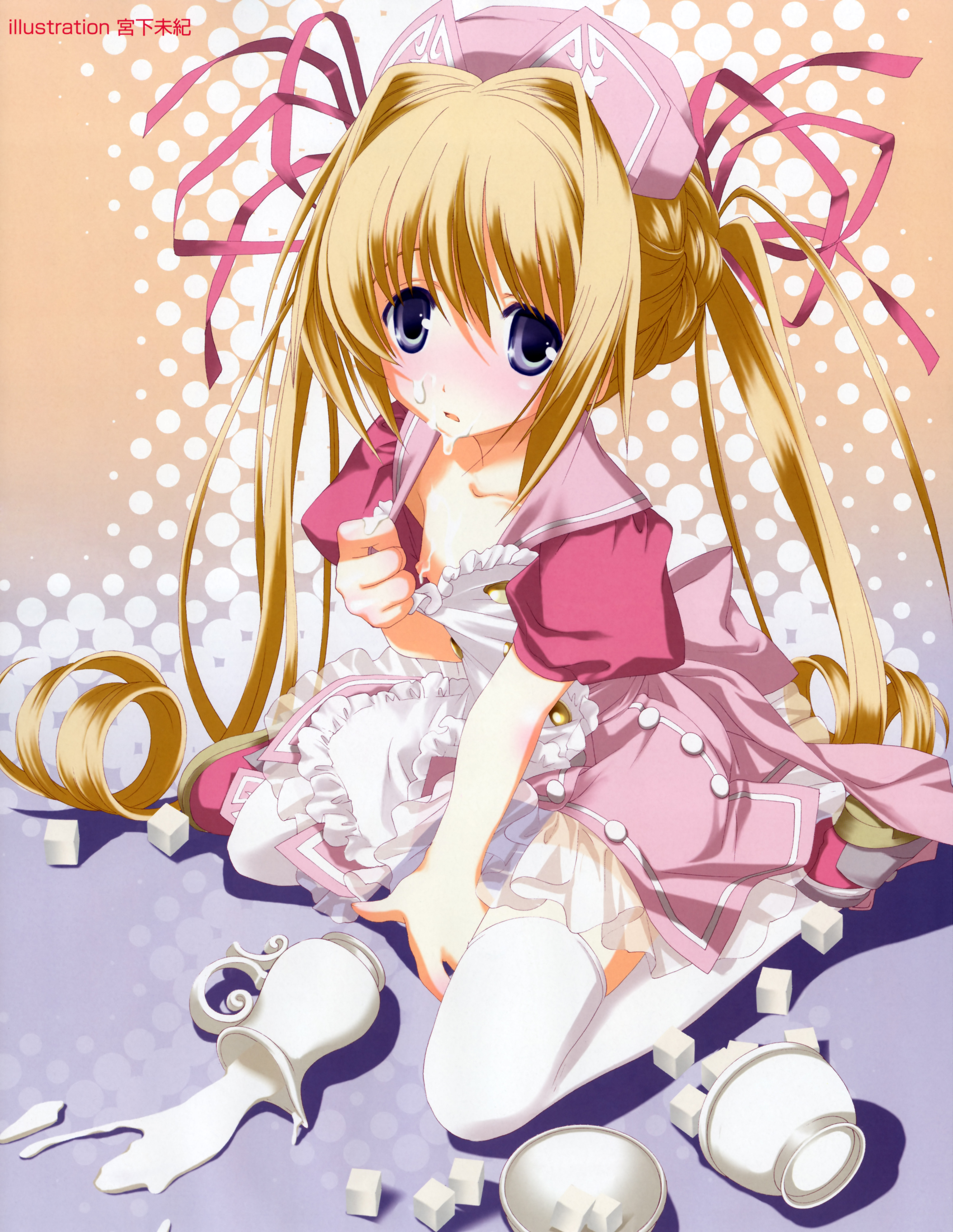 miyashita miki, absurdres, highres, non-web source, 1girl, blonde hair, blush, breasts, cream, female focus, long hair, nipples, purple eyes, ribbon, small breasts, solo, sugar cube, thighhighs, very long hair, waitress, white thighhighs