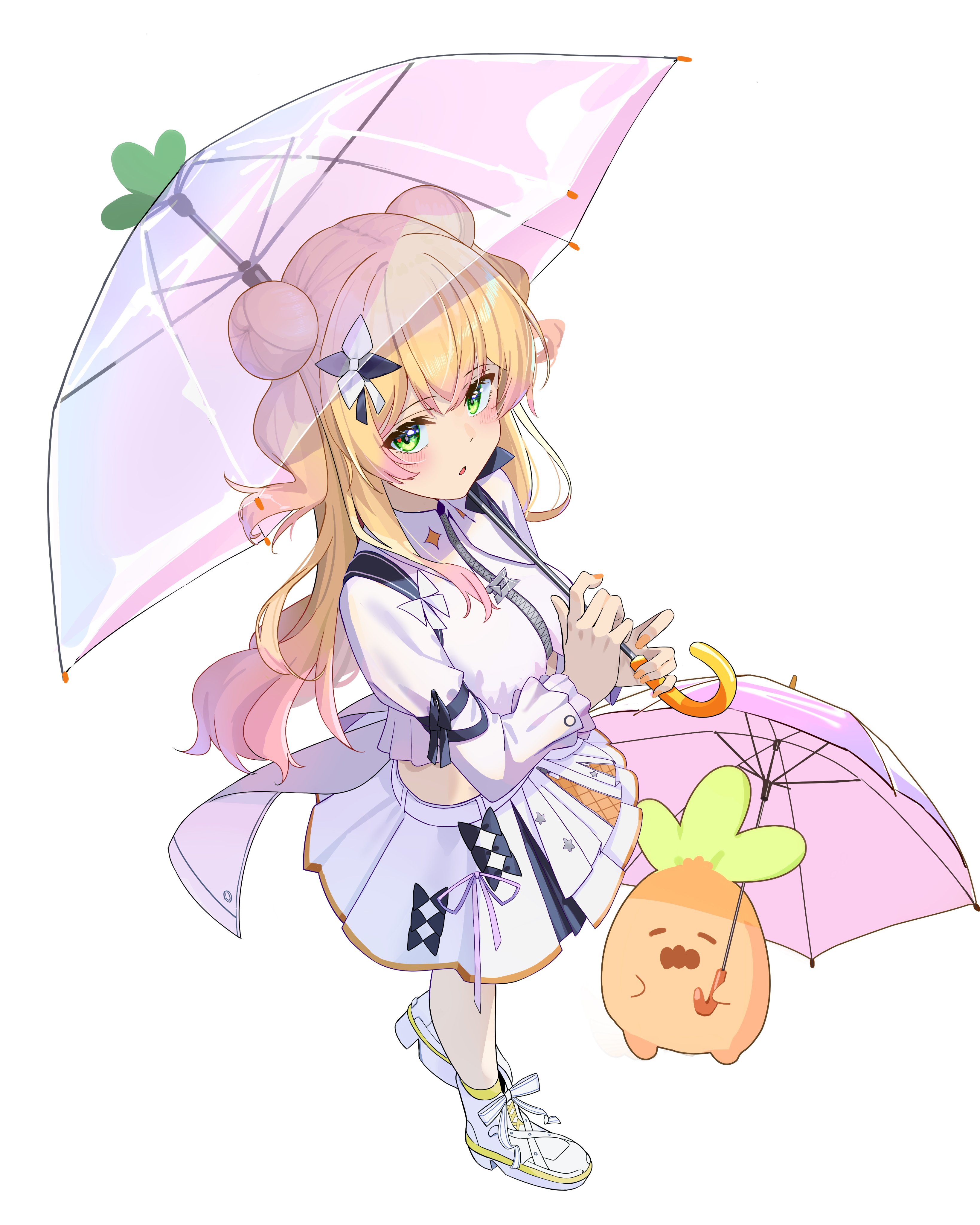 soredmaru, momosuzu nene, nekko (momosuzu nene), hololive, absurdres, commentary request, highres, 1girl, blonde hair, boots, cropped shirt, double bun, from above, from side, full body, gradient hair, hair bun, hair ornament, holding, holding umbrella, hololive idol uniform (color rise), long hair, looking at viewer, multicolored hair, nail polish, official alternate costume, orange nails, pink hair, pink umbrella, shirt, sidelocks, simple background, skirt, standing, two side up, umbrella, virtual youtuber, white background, white boots, white shirt, white skirt