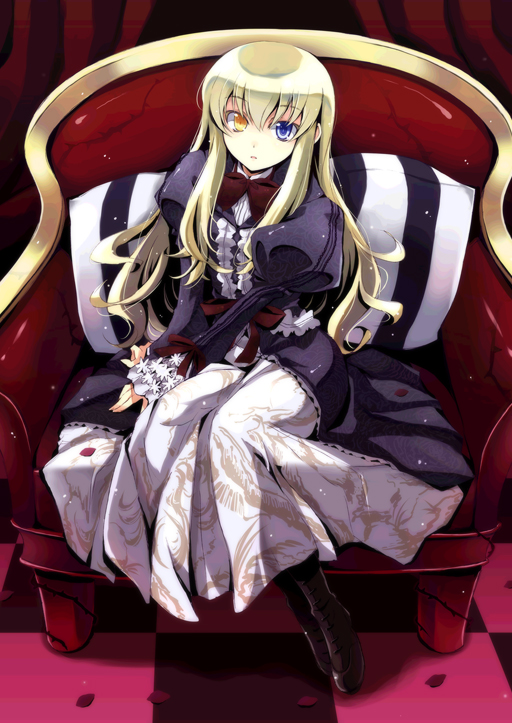 tooya, touya (the-moon), mary clarissa christie, shikkoku no sharnoth, steampunk (liarsoft), 1girl, blonde hair, blue eyes, boots, bow, chair, dress, female focus, full body, heterochromia, long hair, petals, pillow, sitting, solo, very long hair, waist bow, yellow eyes