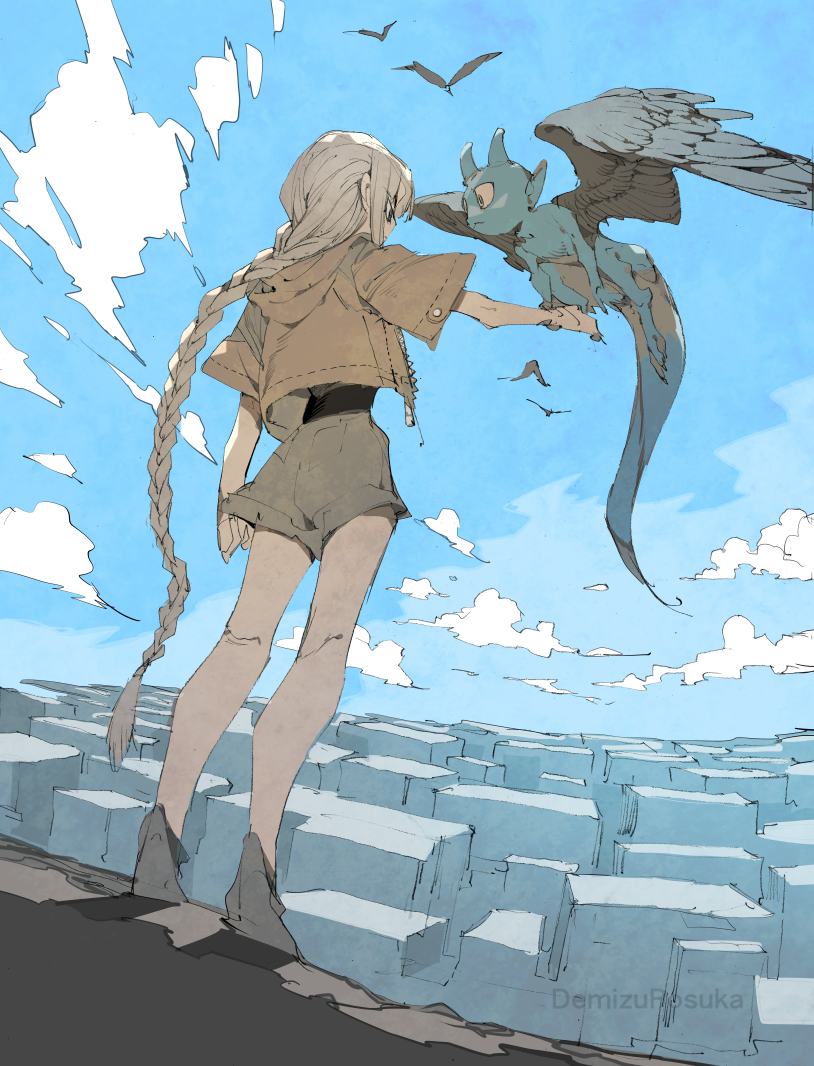 demizu posuka, original, commentary, 1girl, artist name, blue sky, braid, braided ponytail, cloud, feathered wings, horns, long hair, pointy ears, short hair, sky, tail, wings