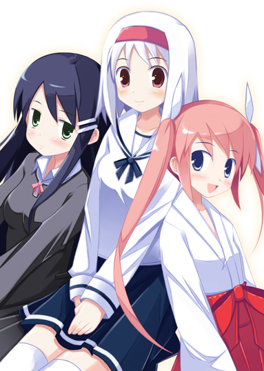 mizuki hotaru (artist), doki doki majo shinpan, 3girls, black hair, blue eyes, blush, flat chest, green eyes, hair ornament, hair ribbon, hairband, hairclip, hakama, hakama skirt, japanese clothes, long hair, miko, multiple girls, pink eyes, pink hair, red hakama, ribbon, school uniform, serafuku, sitting, skirt, smile, thighhighs, very long hair, white hair, white thighhighs, zettai ryouiki