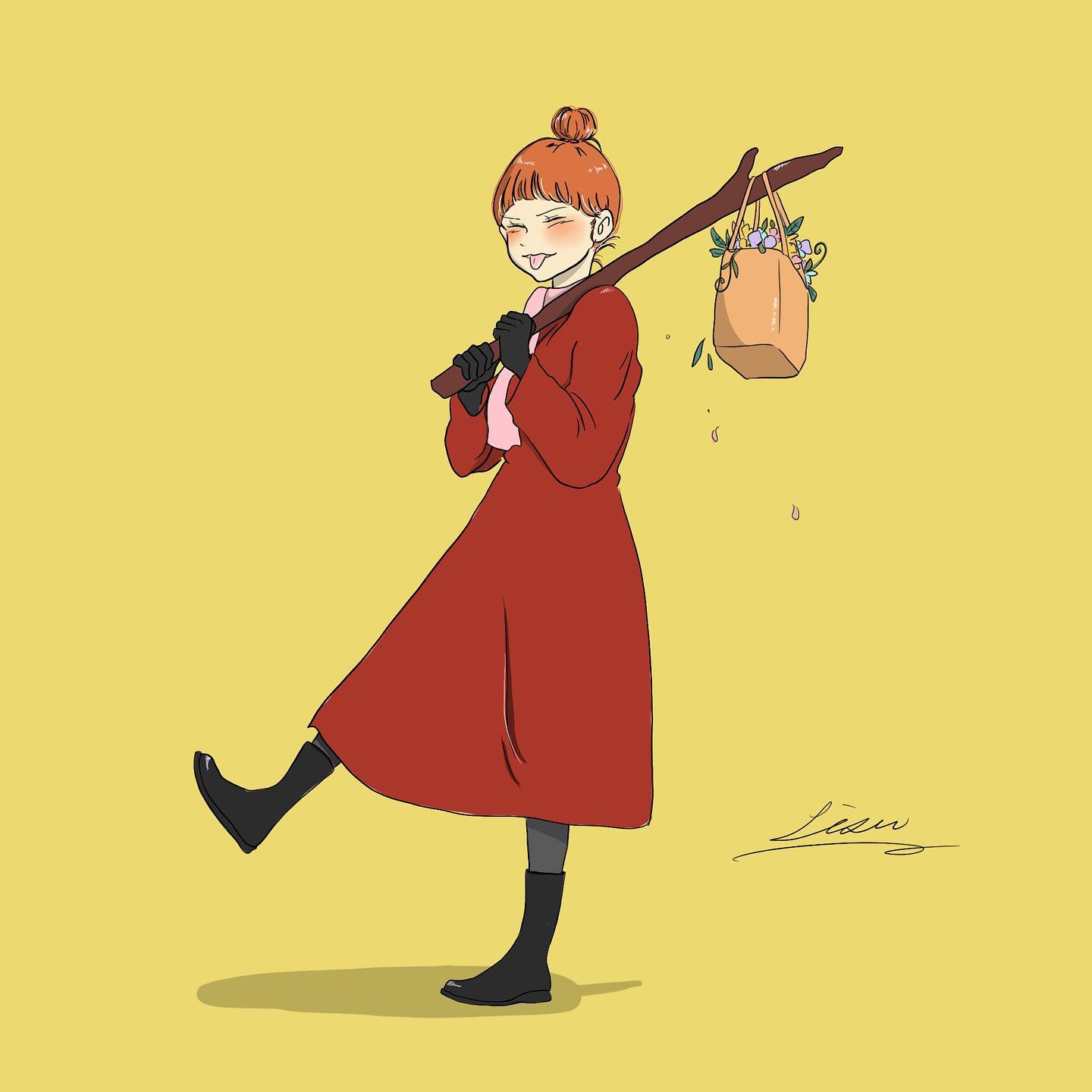 lisa (illustsan430), little my, moomin, commentary, highres, 1girl, :p, arched bangs, artist name, black boots, black gloves, blush, boots, brown bag, closed eyes, closed mouth, dress, facing viewer, falling petals, flower, from side, full body, gloves, grey pantyhose, hair bun, hands up, holding, holding stick, leg up, long sleeves, orange hair, over shoulder, pantyhose, petals, pink scarf, red dress, scarf, shadow, short hair, signature, simple background, single hair bun, solo, standing, standing on one leg, stick, tongue, tongue out, turning head, yellow background
