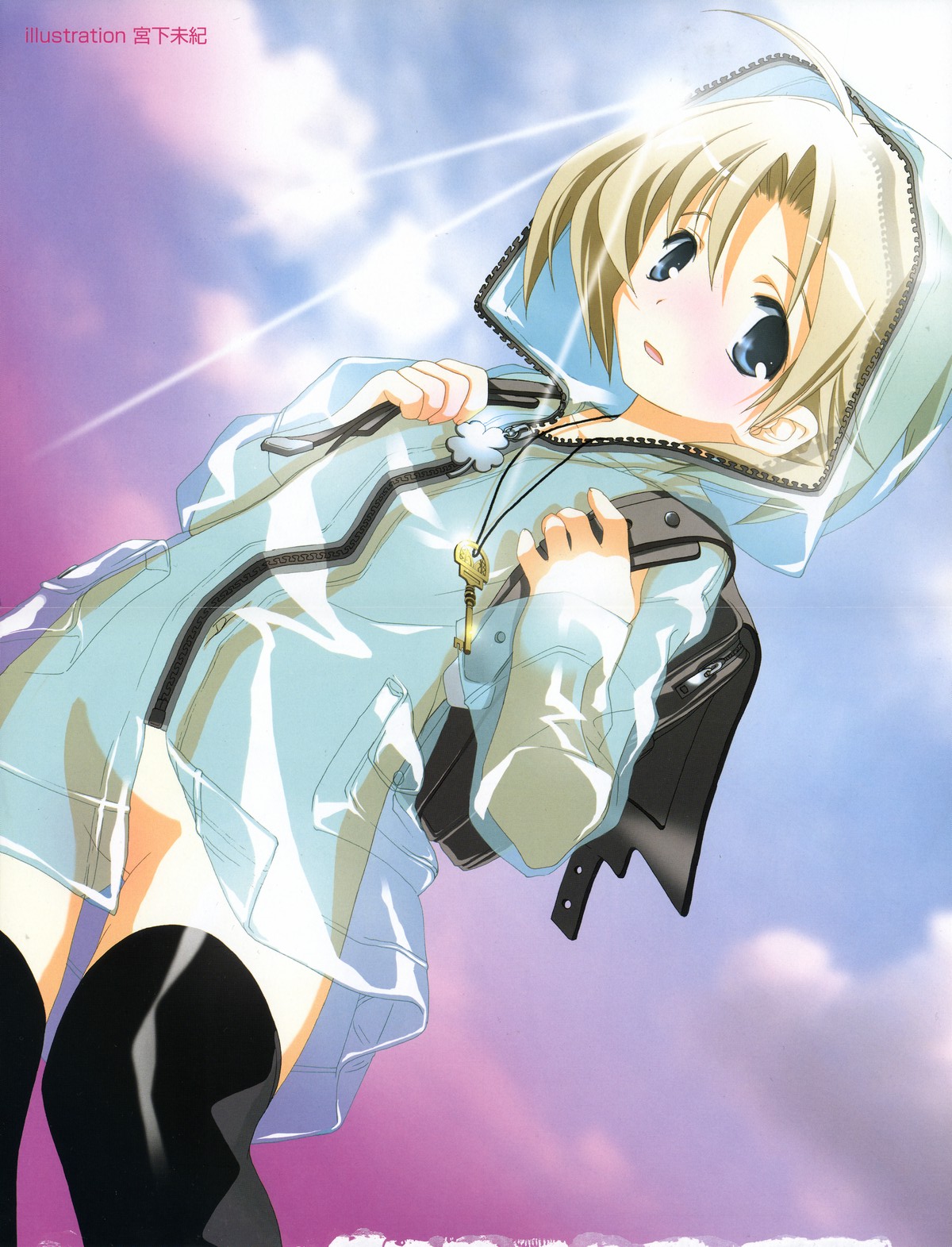 miyashita miki, highres, non-web source, backpack, bag, blonde hair, blue eyes, blush, censored, convenient censoring, key, naked raincoat, nude, raincoat, randoseru, see-through clothes, see-through raincoat, short hair, solo, thighhighs
