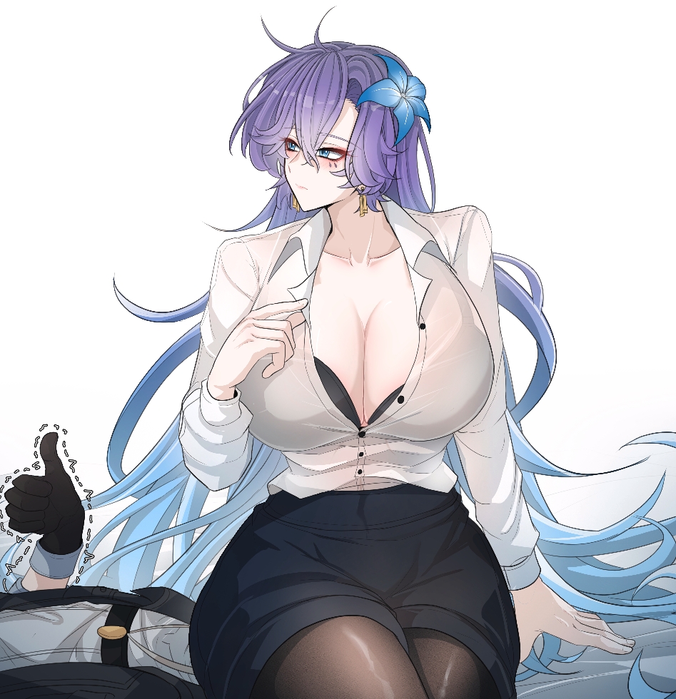 nort muhehehe, cantarella (wuthering waves), male rover (wuthering waves), rover (wuthering waves), wuthering waves, commentary, 1boy, 1girl, alternate breast size (larger), alternate costume, black bra, black pantyhose, black skirt, blue eyes, blue flower, bra, bra peek, bra visible through clothes, breasts, cleavage, closed mouth, collarbone, collared shirt, earrings, flower, hair between eyes, hair flower, hair ornament, huge breasts, jewelry, long sleeves, looking to the side, office lady, pantyhose, shirt, simple background, sitting, sitting on face, sitting on person, skirt, thumbs up, trembling, underwear, white background, white shirt