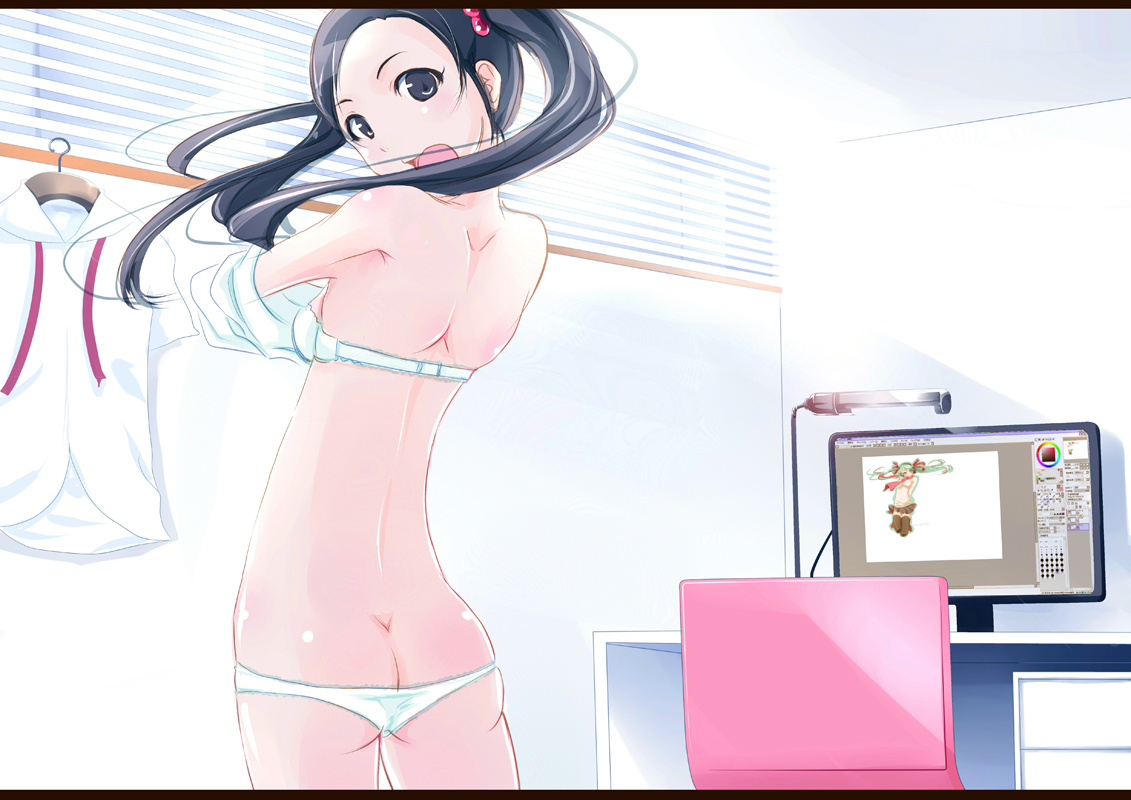 tsuka (blind side), original, 1girl, ass, bra, computer, female focus, lingerie, looking back, open mouth, panties, solo, twintails, underwear, underwear only, undressing