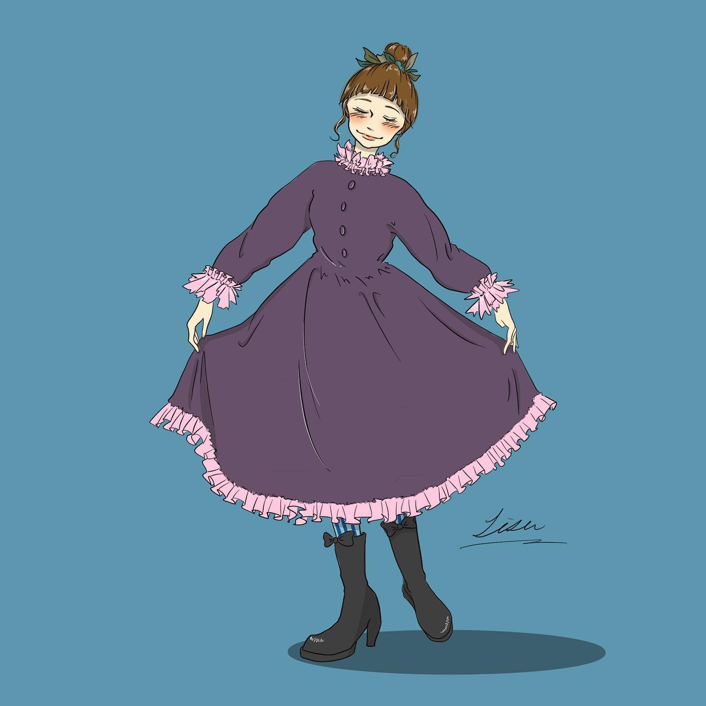 lisa (illustsan430), moomin, commentary request, highres, 1girl, arched bangs, artist name, black boots, black bow, blue background, blue pantyhose, blush, boots, bow, brown hair, closed eyes, closed mouth, dress, facing viewer, flower, footwear bow, frilled dress, frills, full body, hair bun, hair flower, hair ornament, head tilt, high heel boots, high heels, long dress, long sleeves, mymble (moomin), pantyhose, purple dress, shadow, short hair, signature, simple background, single hair bun, skirt hold, smile, solo, standing, striped clothes, striped pantyhose, vertical-striped clothes, vertical-striped pantyhose