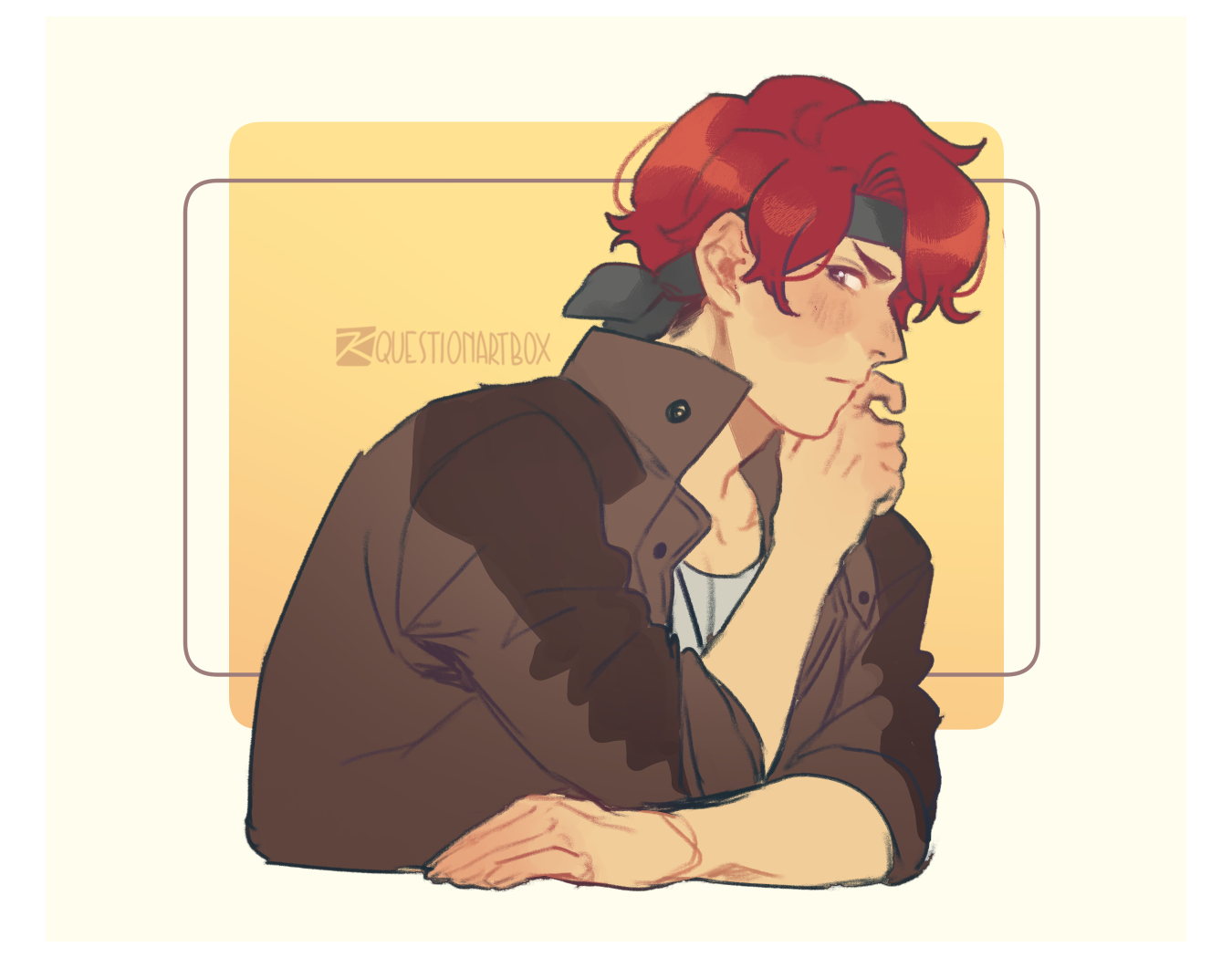 juliet (nekodorubox), march (fields of mistria), fields of mistria, 1boy, arm across chest, arm up, black headband, blush, brown jacket, from side, headband, jacket, jewelry, light blush, looking at viewer, necklace, red hair, shirt, signature, simple background, solo, white shirt