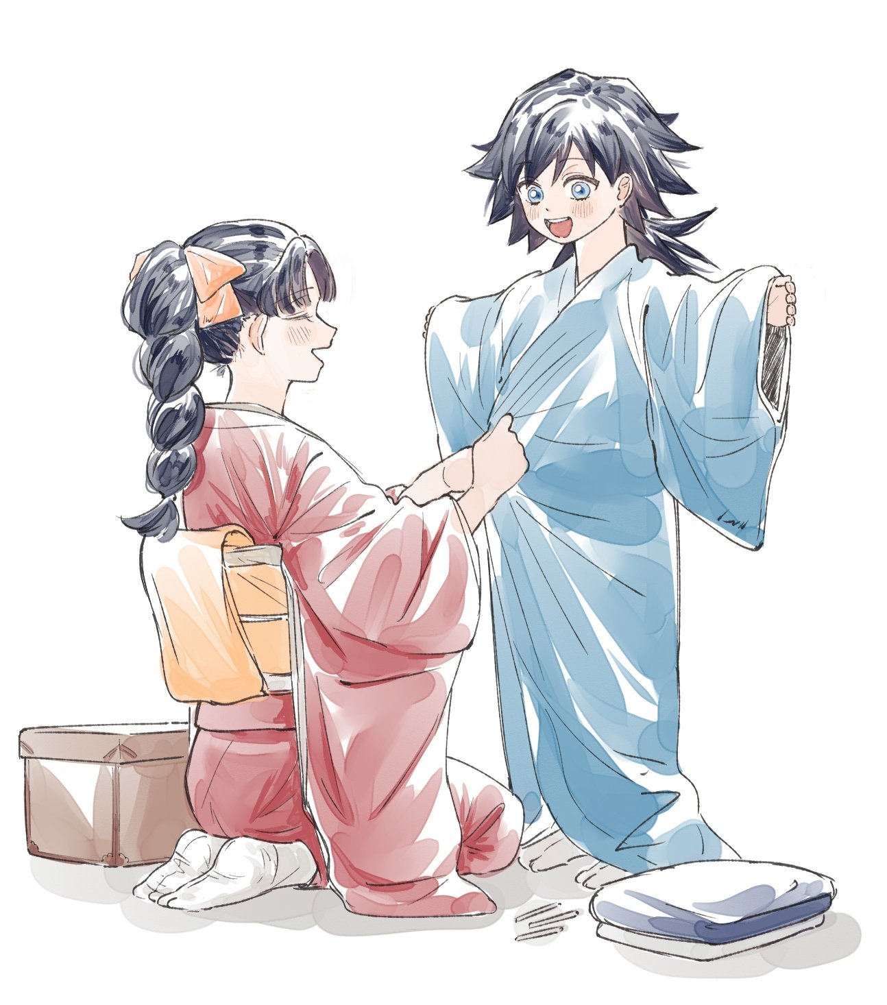 tomioka giyuu, tomioka tsutako, kimetsu no yaiba, highres, 1boy, 1girl, blue eyes, box, braid, closed eyes, full body, japanese clothes, kimono, long hair, low ponytail, nem yamm, open mouth, outstretched arms, ponytail, red kimono, sash, simple background, sitting, smile, socks, spiked hair, teeth, upper teeth only, white background, white socks, wide sleeves