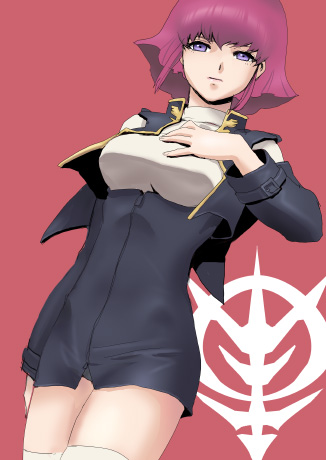 izumi rion, haman karn, char's deleted affair, gundam, uniform, lowres, 1girl, breast suppress, breasts, dress, dutch angle, female focus, pink hair, purple eyes, short dress, short hair, solo, thighhighs, vest, white thighhighs, zipper