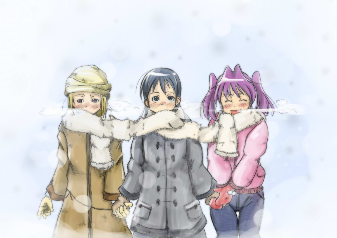 mayagisu, asou natsumi, kajiwara sora, torikai hazuki, sketchbook full colors, bad id, bad pixiv id, 00s, blonde hair, blue hair, blush, brown eyes, closed eyes, green eyes, hat, holding hands, purple hair, scarf, shared clothes, shared scarf, smile, twintails, winter