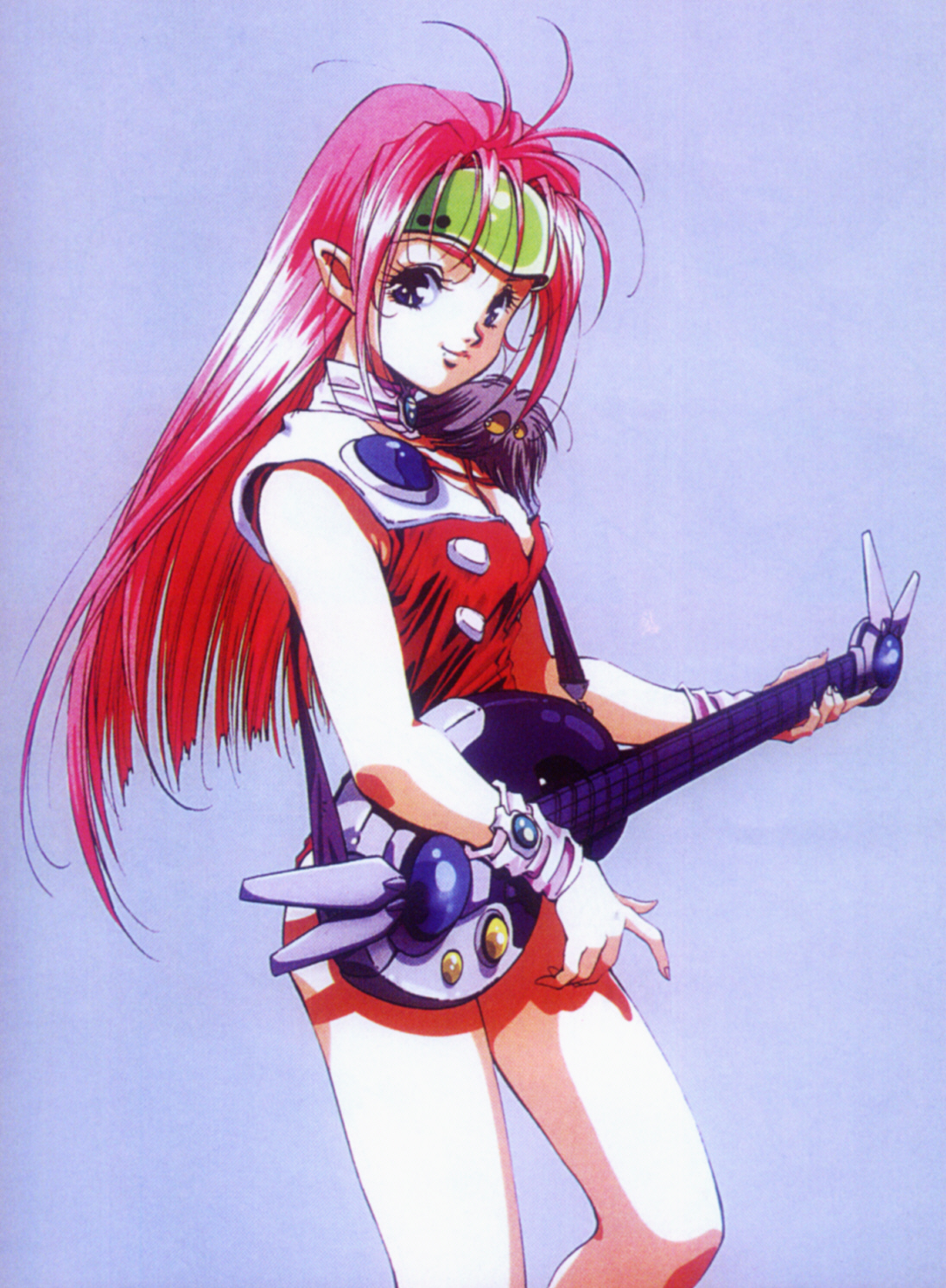 mikimoto haruhiko, guvava, mylene jenius, macross, macross 7, highres, 1990s (style), 1girl, black eyes, blue background, guitar, headgear, instrument, leotard, long hair, pink hair, pointy ears, retro artstyle