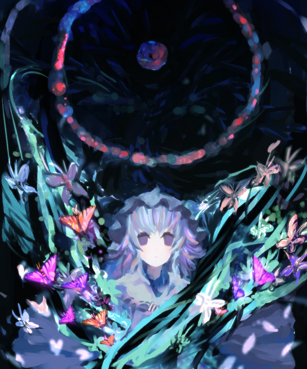 akn, saigyouji yuyuko, touhou, bad id, bad pixiv id, highres, 1girl, abstract, bug, butterfly, female focus, hat, short hair, solo, speed painting