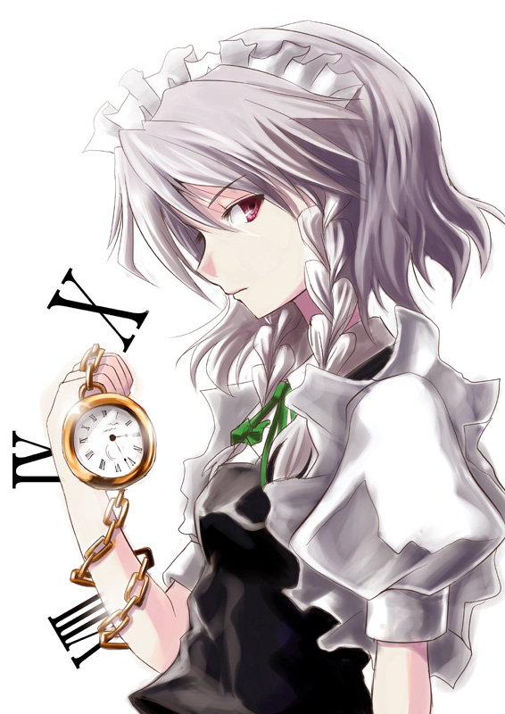 nurupeppe, nurupeppe (pixiv), izayoi sakuya, embodiment of scarlet devil, touhou, silver hair, bad id, bad pixiv id, 1girl, clock, female focus, maid, red eyes, short hair, solo, upper body, white background