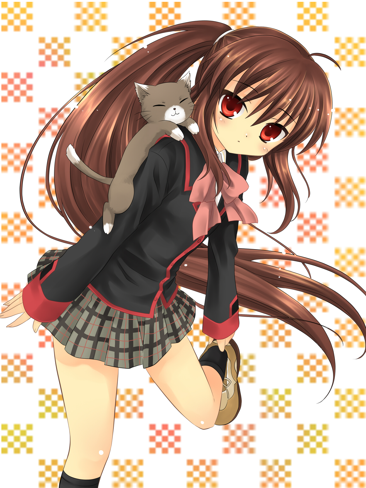 hanabana tsubomi, natsume rin, little busters!, bad id, bad pixiv id, highres, 1girl, bow, brown hair, cat, female focus, long hair, pink bow, ponytail, red eyes, school uniform, serafuku, solo, very long hair