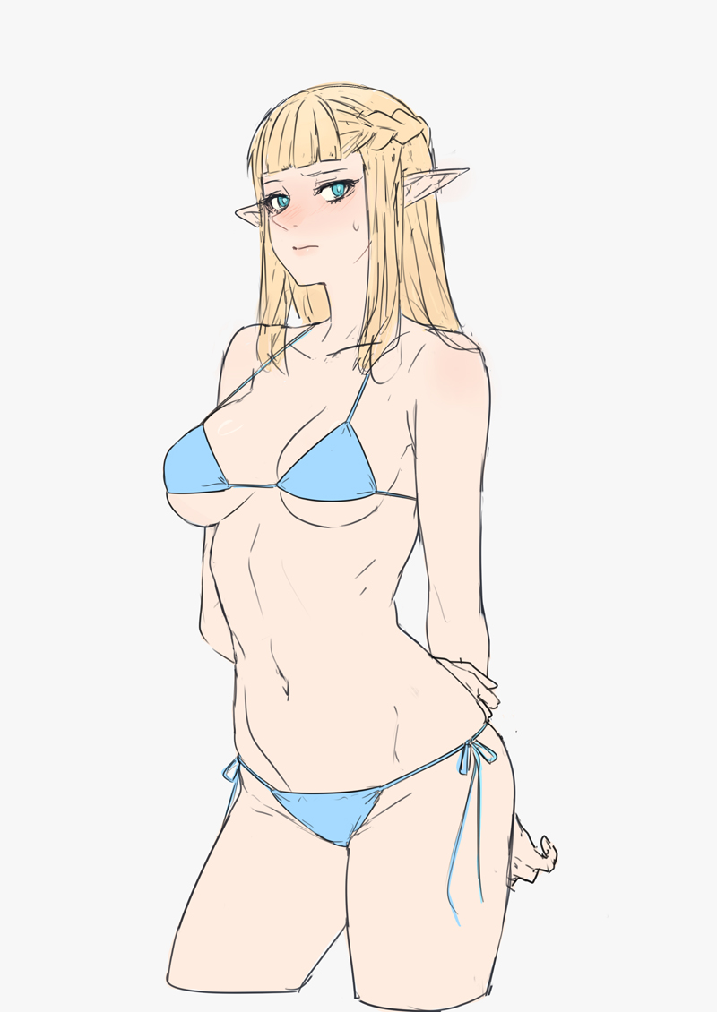 ban! (bansankan), pattadol, dungeon meshi, 1girl, alternate costume, arms behind back, bikini, blonde hair, blue eyes, blush, braid, breasts, collarbone, cowboy shot, cropped legs, elf, grey background, groin, half up braid, large breasts, long hair, looking at viewer, navel, pointy ears, ribs, side-tie bikini bottom, solo, sweatdrop, swimsuit