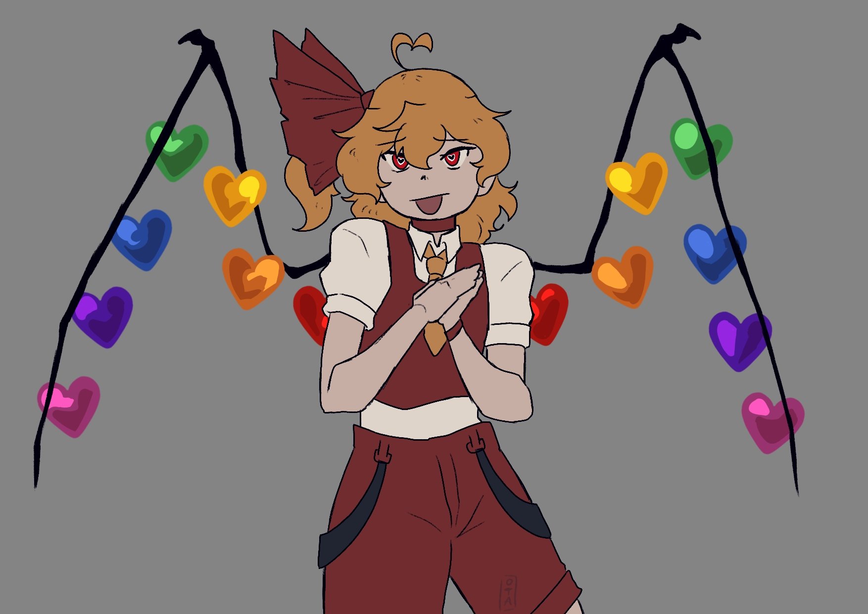 otaeriaaoba, flandre scarlet, touhou, highres, 1girl, ?, adapted costume, ahoge, blonde hair, choker, crystal wings, hair ribbon, heart, heart-shaped pupils, ponytail, red choker, red eyes, red ribbon, red shorts, red vest, ribbon, shirt, shorts, solo, symbol-shaped pupils, vest, white shirt, wings