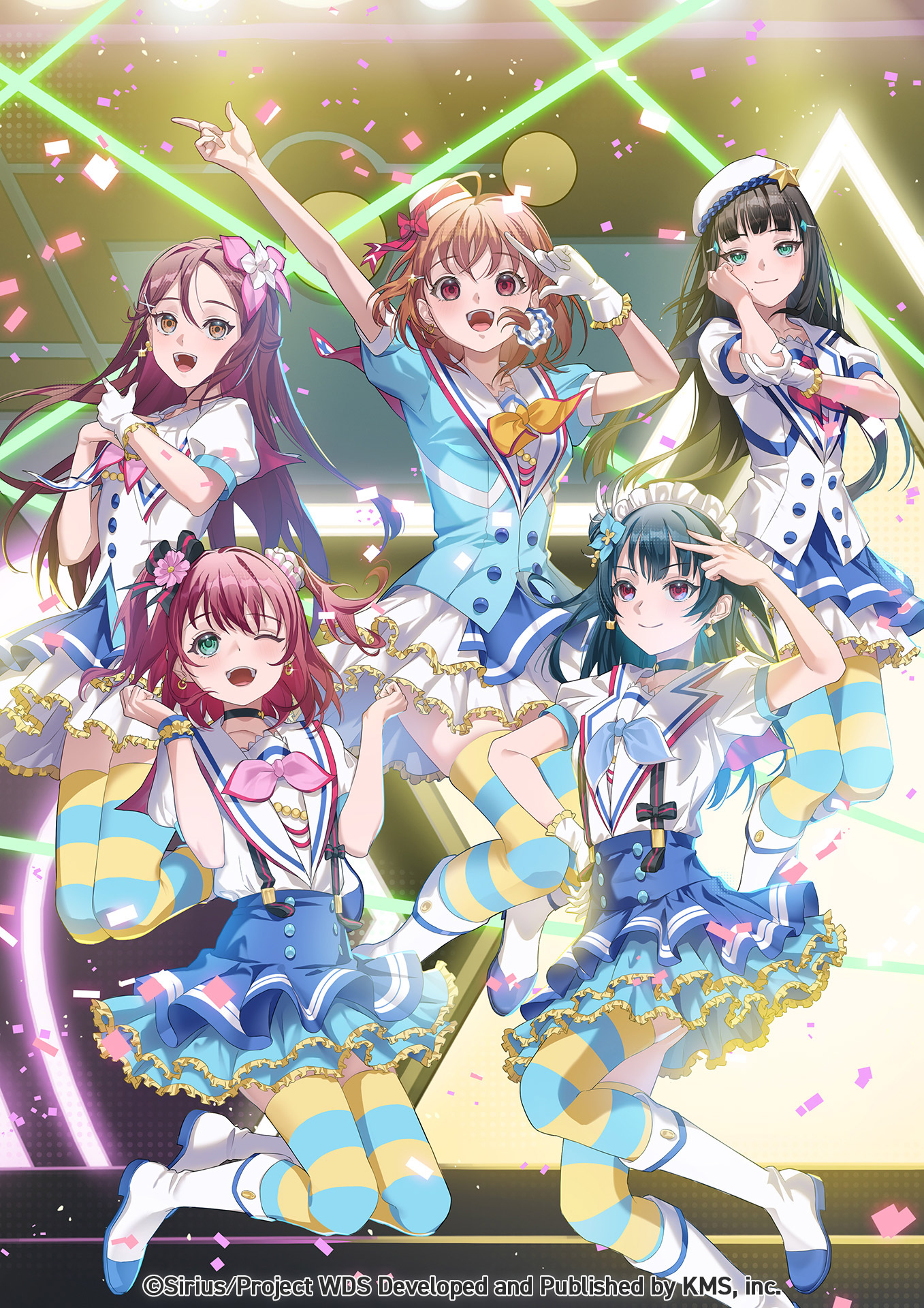 themis (themis adgjm), kurosawa dia, kurosawa ruby, sakurauchi riko, takami chika, tsushima yoshiko, love live!, love live! sunshine!!, world dai star, highres, official art, 5girls, :d, aqua eyes, black hair, bow, brown hair, flower, frills, green eyes, hair flower, hair ornament, long hair, looking at viewer, mole, multiple girls, one eye closed, open mouth, purple eyes, red eyes, red hair, ribbon, short hair, short sleeves, skirt, smile, thighhighs