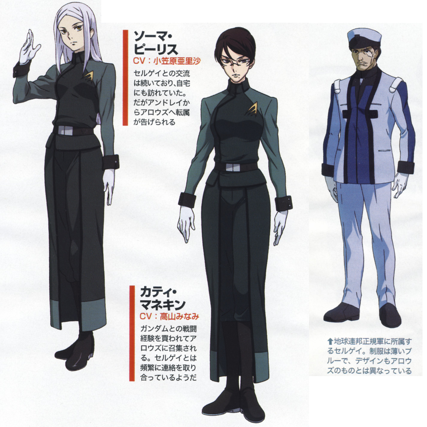 kati mannequin, sergei smirnov, soma peries, gundam, gundam 00, silver hair, highres, 00s, brown hair, glasses, grey eyes, long hair, short hair, yellow eyes