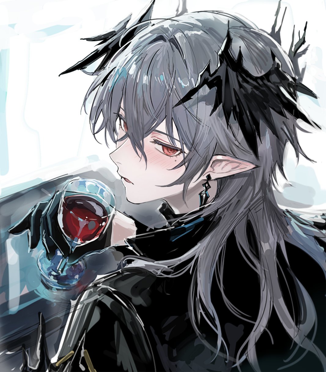 fractalmagnolia, logos (arknights), arknights, highres, 1boy, black gloves, black wings, blush, cup, drinking glass, drunk, earrings, from behind, gloves, grey hair, hair between eyes, half-closed eyes, head wings, holding, holding cup, jewelry, long hair, looking at viewer, male focus, mole, mole under eye, parted lips, pointy ears, red eyes, solo, white background, wine glass, wings