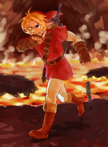 ponky, link, nintendo, the legend of zelda, 1boy, alternate color, blonde hair, blue eyes, gloves, hot, lava, male focus, master sword, pointy ears, red tunic, shield, shield on back, solo, sword, tunic, weapon