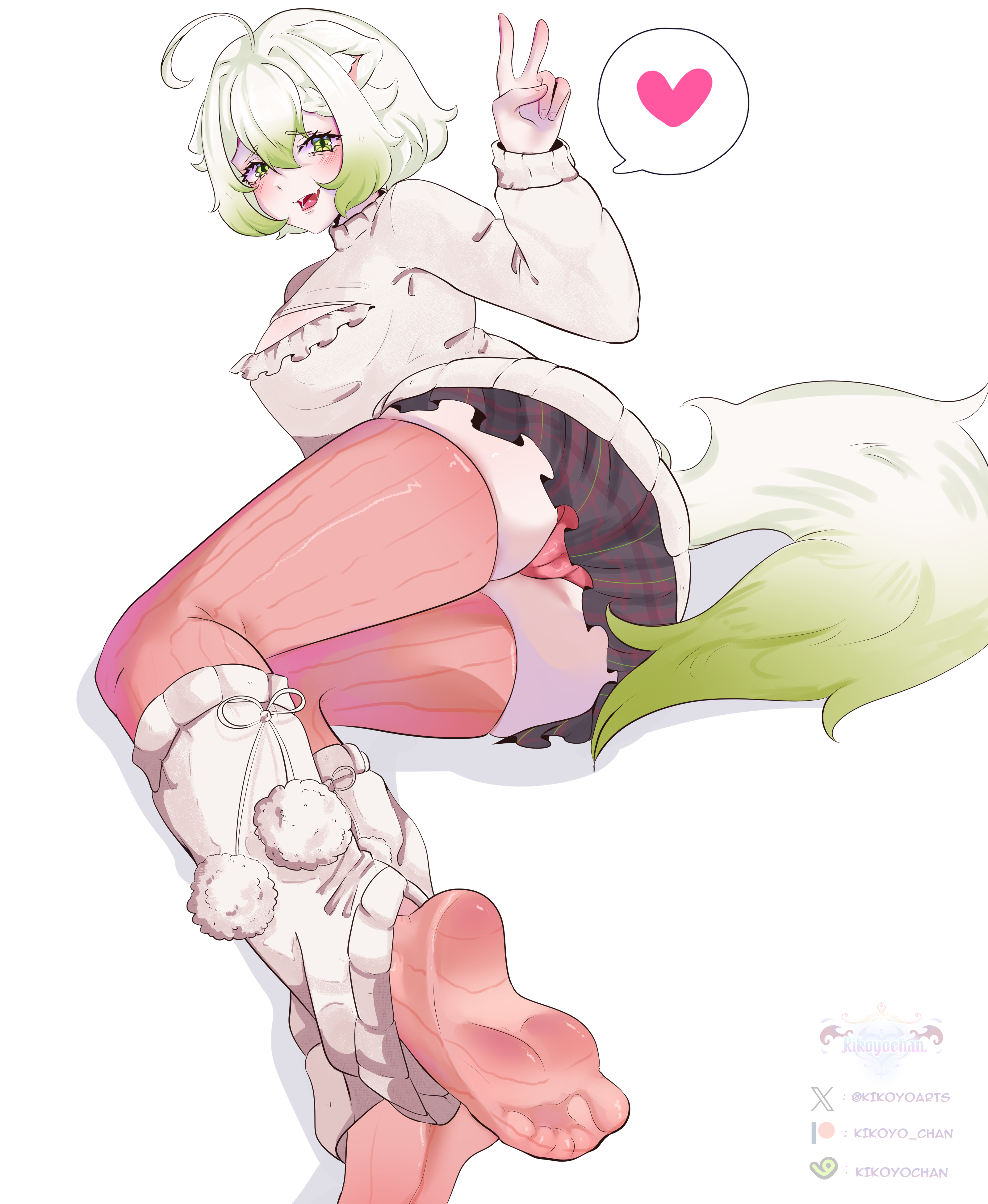 laimu (vtuber), laimu (vtuber) (winter), vinesauce, absurdres, highres, 1girl, ahoge, animal ears, artist name, ass, ass focus, bob cut, cameltoe, cleavage cutout, clothing cutout, drooling, english text, fang, feet, ferret, ferret ears, ferret girl, ferret tail, gradient hair, gradient tail, green hair, green tail, heart, kikoyoarts, multicolored hair, multicolored tail, panties, pink thighhighs, plaid clothes, plaid skirt, pussy, pussy juice, saliva, short hair, skin fang, skindentation, skirt, socks, sweater, tail, thick thighs, thighhighs, thighs, turtleneck, turtleneck sweater, two-tone hair, two-tone tail, underwear, v, virtual youtuber, white background, white hair, white tail, winter clothes, winter uniform