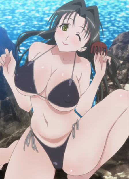 takami akio, minamoto tamamori, tamamo(kanokon), kanokon, 00s, 1girl, beach, bikini, black hair, breasts, cleavage, covered erect nipples, kitsune, kyuubi, large breasts, long hair, looking at viewer, mature female, multiple tails, ocean, one eye closed, smile, swimsuit, tail, underboob