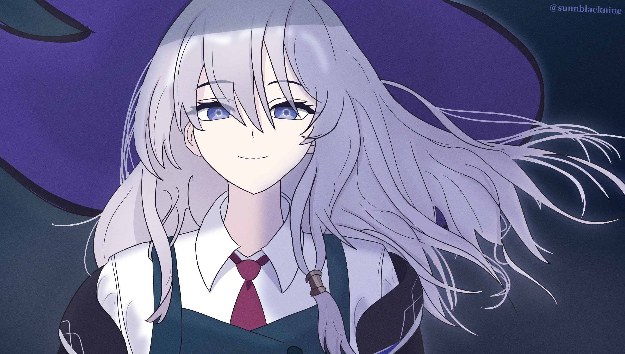 elaina (majo no tabitabi), priestess (arknights), arknights, majo no tabitabi, commentary, english commentary, highres, mixed-language commentary, 1girl, blue eyes, closed mouth, collared shirt, empty eyes, floating hair, grey hair, hair between eyes, hat, long hair, looking at viewer, necktie, off shoulder, portrait, purple hat, shirt, smile, solo, sunn strawberry, twitter username, vest, white shirt, wind, witch hat