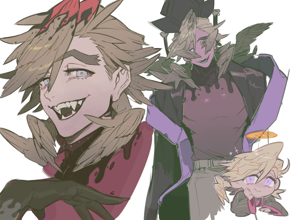 douma (kimetsu no yaiba), kimetsu no yaiba, 1boy, black gloves, blonde hair, boosk 01, chibi, gloves, grey pants, hat, long hair, looking at viewer, male focus, multiple views, open mouth, pants, red shirt, sharp teeth, shirt, simple background, smile, solo, spiked hair, teeth, upper body, white background