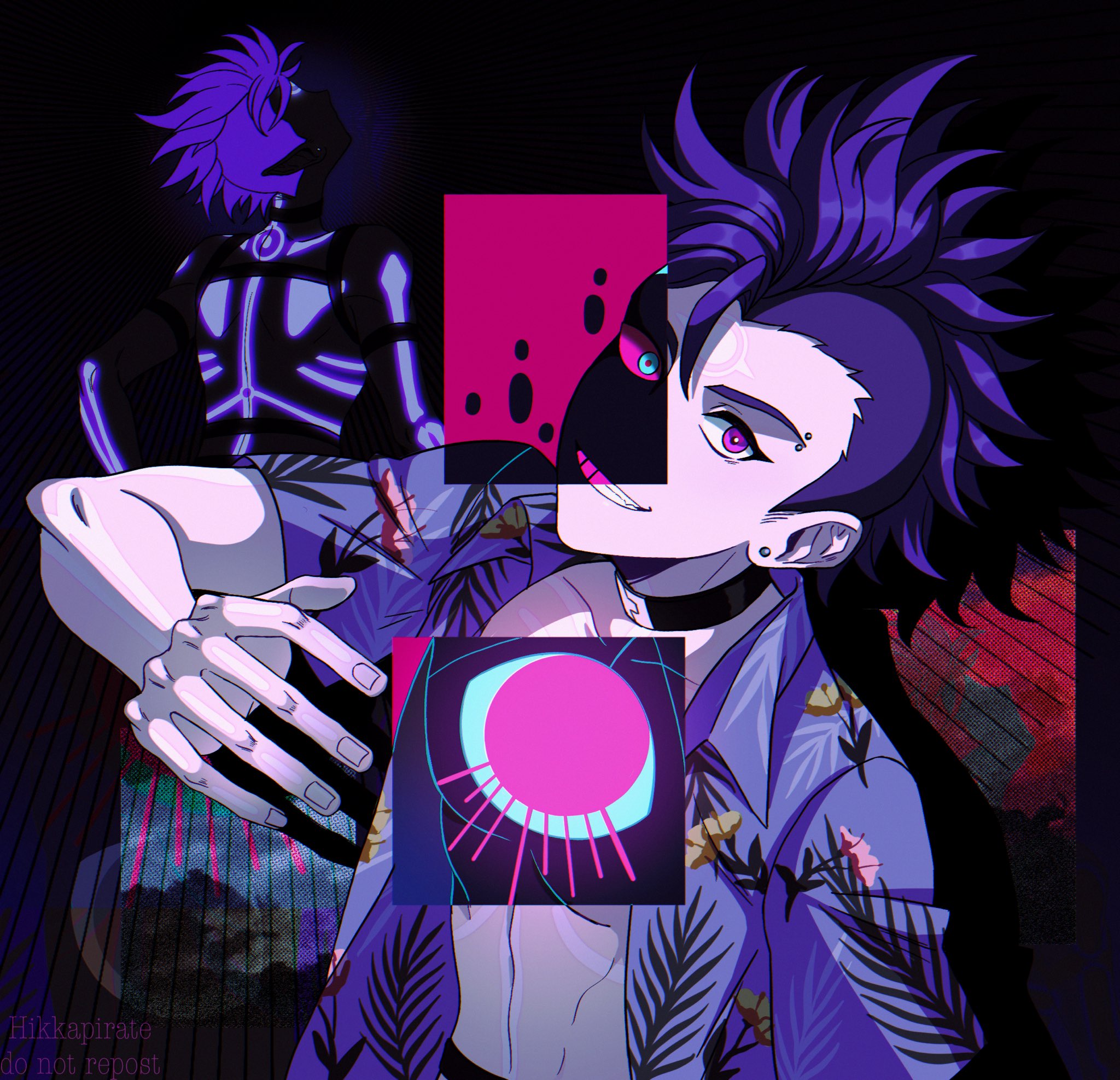 kairusha, dragon boy (to be hero x), to be hero, to be hero x, highres, black choker, choker, ear piercing, eye symbol, eyebrow piercing, eyeliner, face piercing, face print, full-body tattoo, glowing, glowing tattoo, hawaiian shirt, makeup, mohawk, piercing, pink eyes, pointy ears, purple hair, revealing layer, shirt, tattoo, zero (to be hero x)