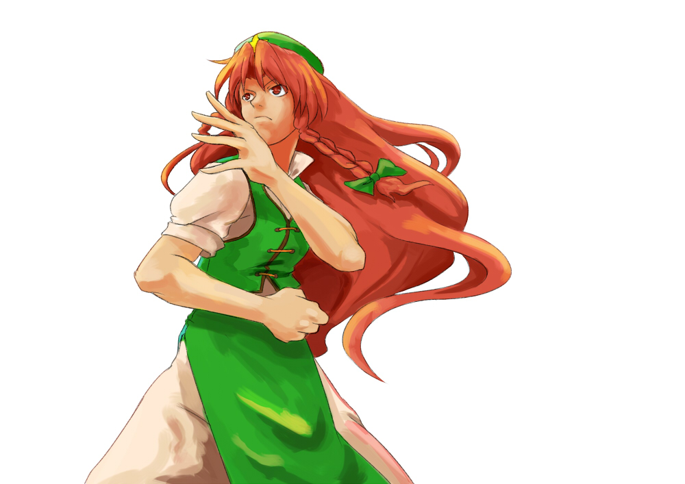 shibasaki shouji, hong meiling, yang lee, capcom, immaterial and missing power, street fighter, touhou, bad id, bad pixiv id, 1girl, braid, china dress, chinese clothes, dress, female focus, fighting stance, frown, hat, long hair, parody, red hair, ribbon, serious business, simple background, solo, twin braids, twintails, white background