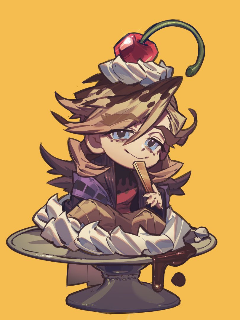 douma (kimetsu no yaiba), kimetsu no yaiba, 1boy, blonde hair, blue eyes, boosk 01, chibi, chibi only, closed mouth, food, fruit, full body, hair between eyes, hakama, hand fan, holding, holding fan, ice cream, japanese clothes, long hair, looking at viewer, male focus, red shirt, shirt, simple background, sitting, smile, solo, spiked hair, strawberry, yellow background, yellow hakama