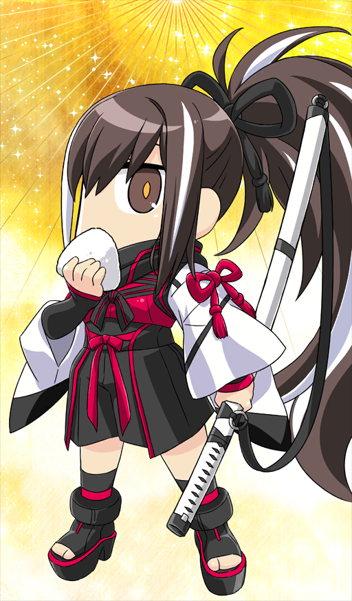 keikenchi, fate/grand order, fate (series), commentary request, game cg, official art, third-party source, 1girl, arm at side, black sandals, brown eyes, chibi, chibi only, covered mouth, eating, food, full body, hand up, high ponytail, holding, holding food, holding sword, holding weapon, katana, kawakami gensai (fate), long hair, long sleeves, looking at viewer, multicolored hair, onigiri, platform sandals, ponytail, sandals, sheath, sheathed, sidelocks, solo, streaked hair, sword, two-tone hair, very long hair, weapon, wide sleeves, yellow background