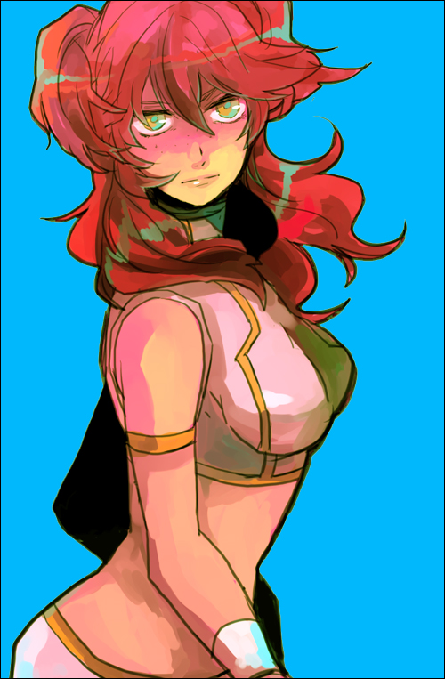 sudachips, nena trinity, gundam, gundam 00, bad id, bad pixiv id, 00s, armband, freckles, long hair, midriff, red hair, sleeveless, solo, twintails, two side up, wristband, yellow eyes