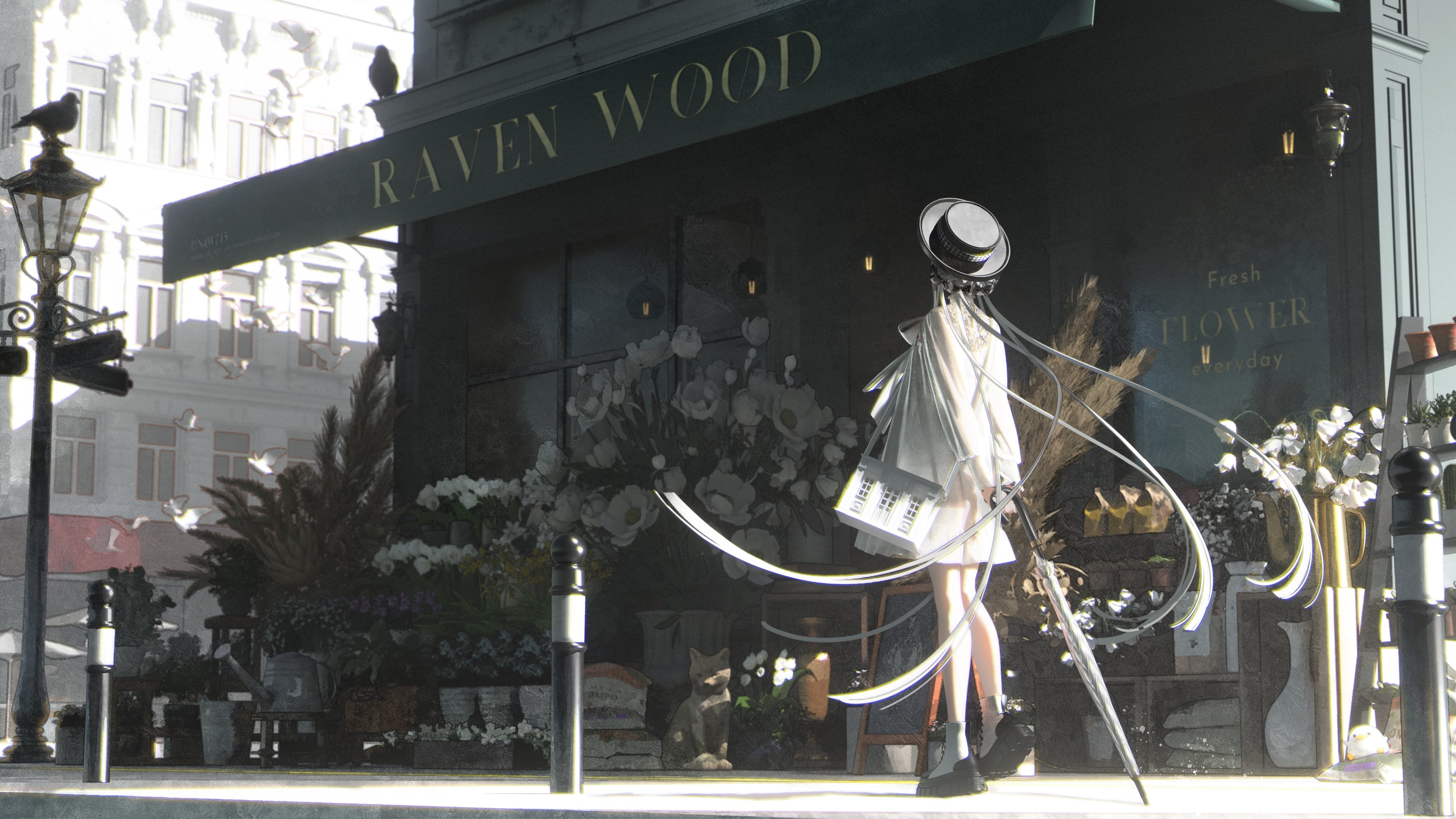 navvvtis, original, absurdres, commentary, english commentary, highres, 1girl, arms behind back, awning, bag, bird, black bow, black hat, bow, building, city, day, flower, flower pot, flower shop, grey hair, hair bow, hat, holding, holding umbrella, jacket, lamppost, outdoors, plant, platform shoes, potted plant, purple flower, sculpture, shop, shoulder bag, sidewalk, skirt, solo, standing, storefront, stuffed animal, stuffed chicken, stuffed toy, umbrella, vase, watering can, white flower, white jacket, white skirt, yellow flower
