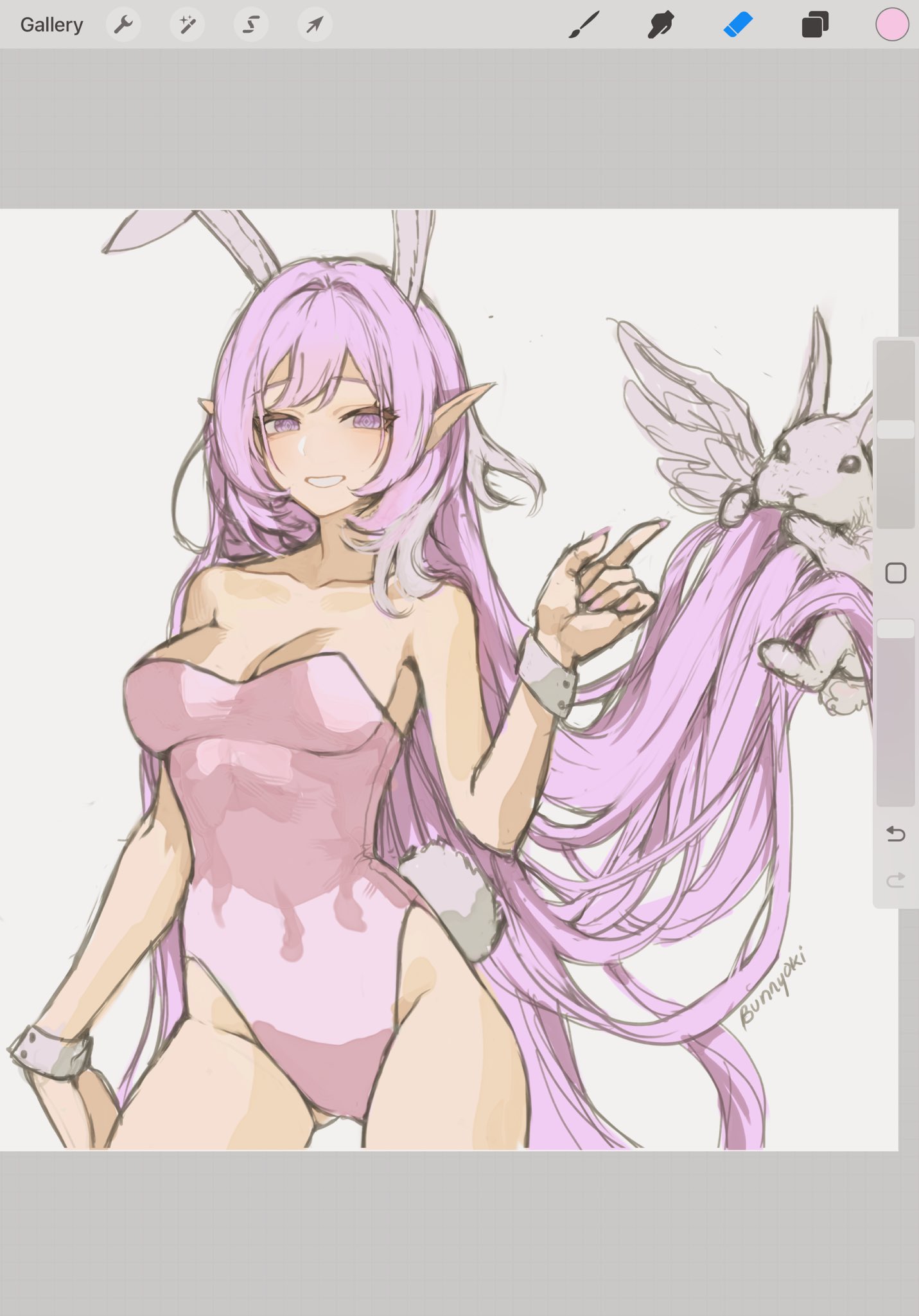 bunnyoki, elysia (herrscher of human: ego) (honkai impact), elysia (honkai impact), honkai (series), honkai impact 3rd, commentary, highres, unfinished, 1girl, alternate costume, animal ears, art program in frame, bare shoulders, breasts, cleavage, diamond-shaped pupils, diamond (shape), elf, fake animal ears, fake tail, large breasts, leotard, long hair, pink hair, playboy bunny, pointy ears, purple eyes, purple leotard, rabbit, rabbit ears, rabbit tail, smile, solo, symbol-shaped pupils, tail, thighs, very long hair, wrist cuffs