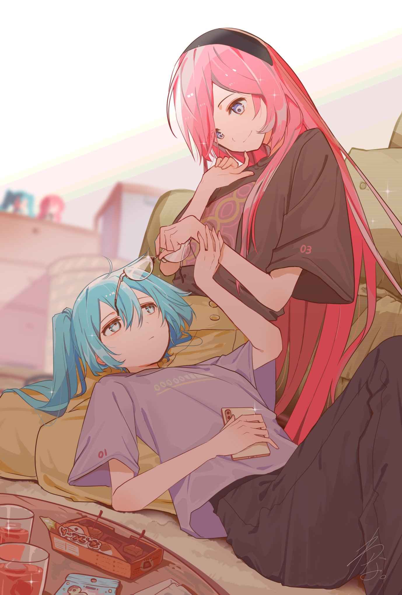 wanaxtuco, hatsune miku, megurine luka, vocaloid, commentary request, highres, 2girls, alternate costume, aqua hair, baggy pants, black hair, black pants, black shirt, blue eyes, blurry, blurry background, closed mouth, cup, feet out of frame, food, glasses, glint, grey shirt, hair between eyes, holding, holding phone, holding removed eyewear, indoors, knee up, lap pillow, long hair, looking at another, lying, multiple girls, on back, pants, phone, pink hair, shirt, sitting, smile, twintails, unworn eyewear, wariza, yuri