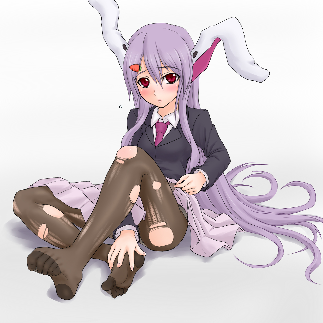 kuro suto sukii, reisen udongein inaba, touhou, highres, 1girl, animal ears, blush, carrot hair ornament, feet, female focus, food-themed hair ornament, full body, hair ornament, long hair, necktie, panties, pantyhose, purple hair, purple necktie, rabbit ears, red eyes, simple background, sitting, skirt, solo, torn clothes, torn pantyhose, underwear, very long hair, white background