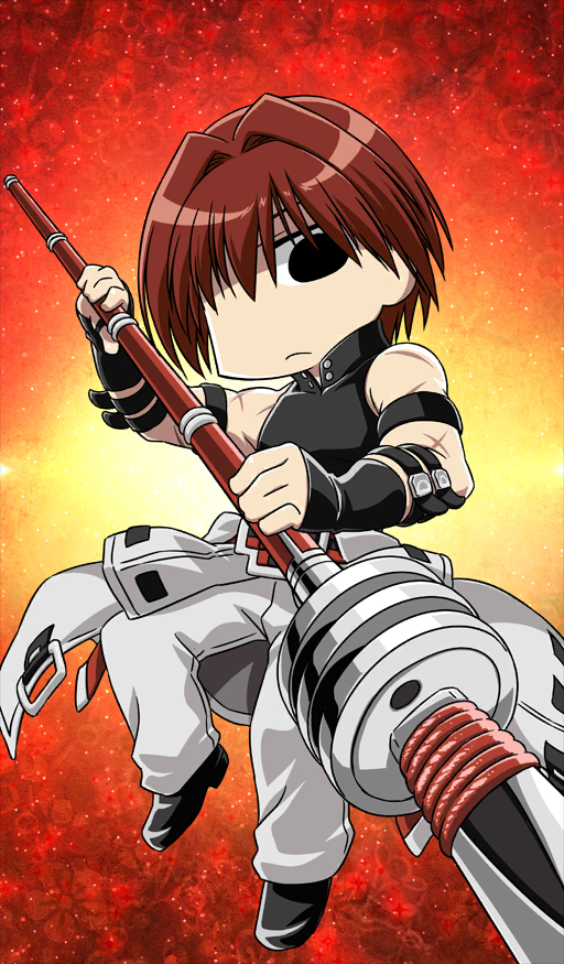 keikenchi, fate/grand order, fate (series), commentary request, game cg, official art, third-party source, 1boy, armband, bare shoulders, black boots, black eyes, black gloves, black shirt, boots, chibi, chibi only, closed mouth, clothes around waist, expressionless, fingerless gloves, full body, gloves, hair intakes, hair over eyes, harada sanosuke (fate), holding, holding polearm, holding weapon, jacket, jacket around waist, looking at viewer, male focus, multiple scars, pants, polearm, red background, red hair, scar, scar on arm, scar on shoulder, shirt, short hair, sleeveless, sleeveless shirt, solo, toned, toned male, weapon, white jacket, white pants