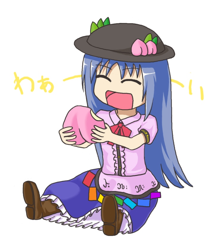 hinanawi tenshi, touhou, artist request, 1girl, chibi, closed eyes, eating, female focus, food, fruit, happy, hat, holding, holding food, holding fruit, leaf, peach, simple background, solo, white background