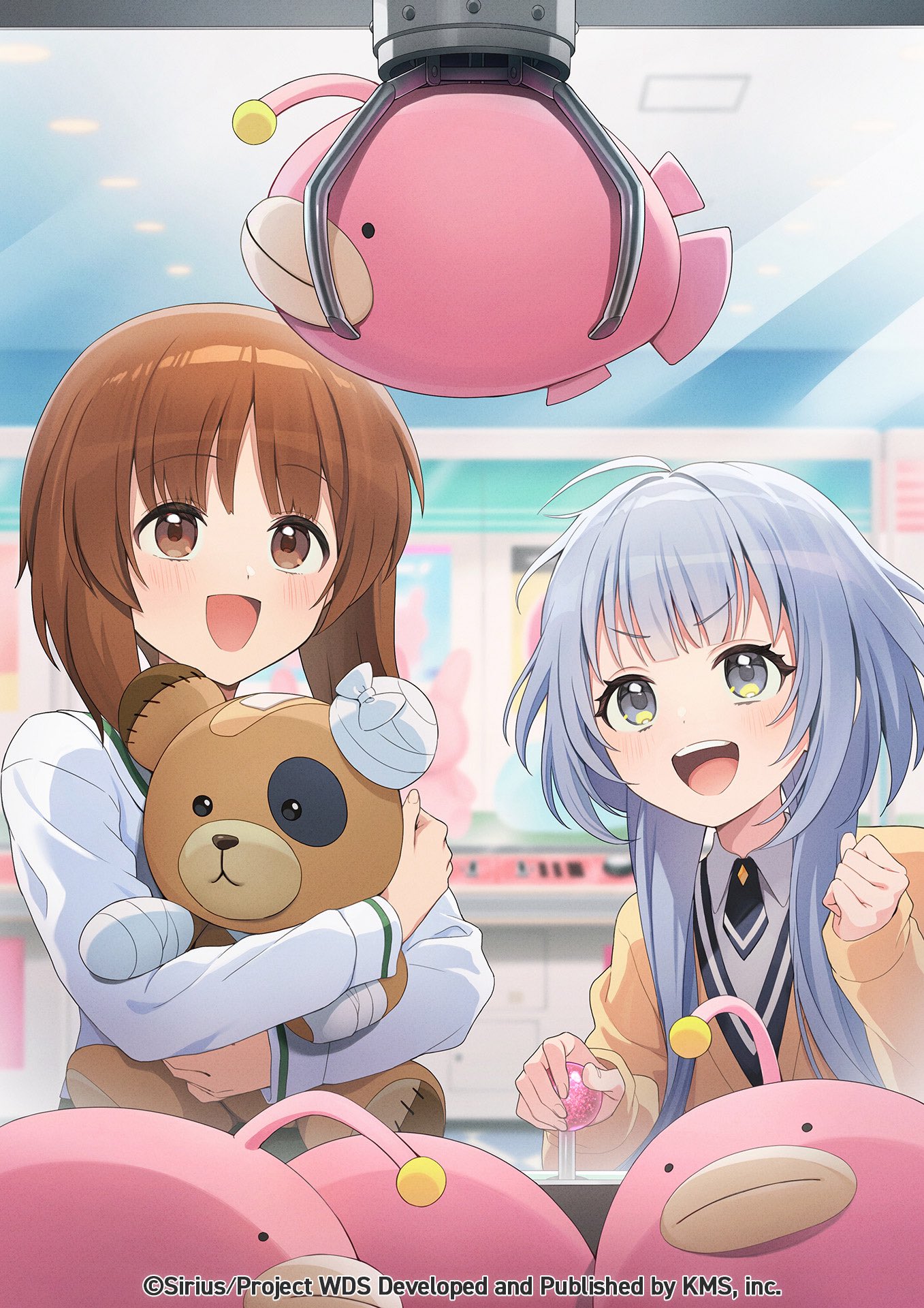 mitohas, boko (girls und panzer), nishizumi miho, senju iroha, girls und panzer, world dai star, highres, official art, 2girls, :d, animal costume, bandages, bandaid, bear costume, brown eyes, brown hair, cast, holding, holding stuffed toy, indoors, multiple girls, open mouth, short hair, smile, stuffed animal, stuffed toy, toy