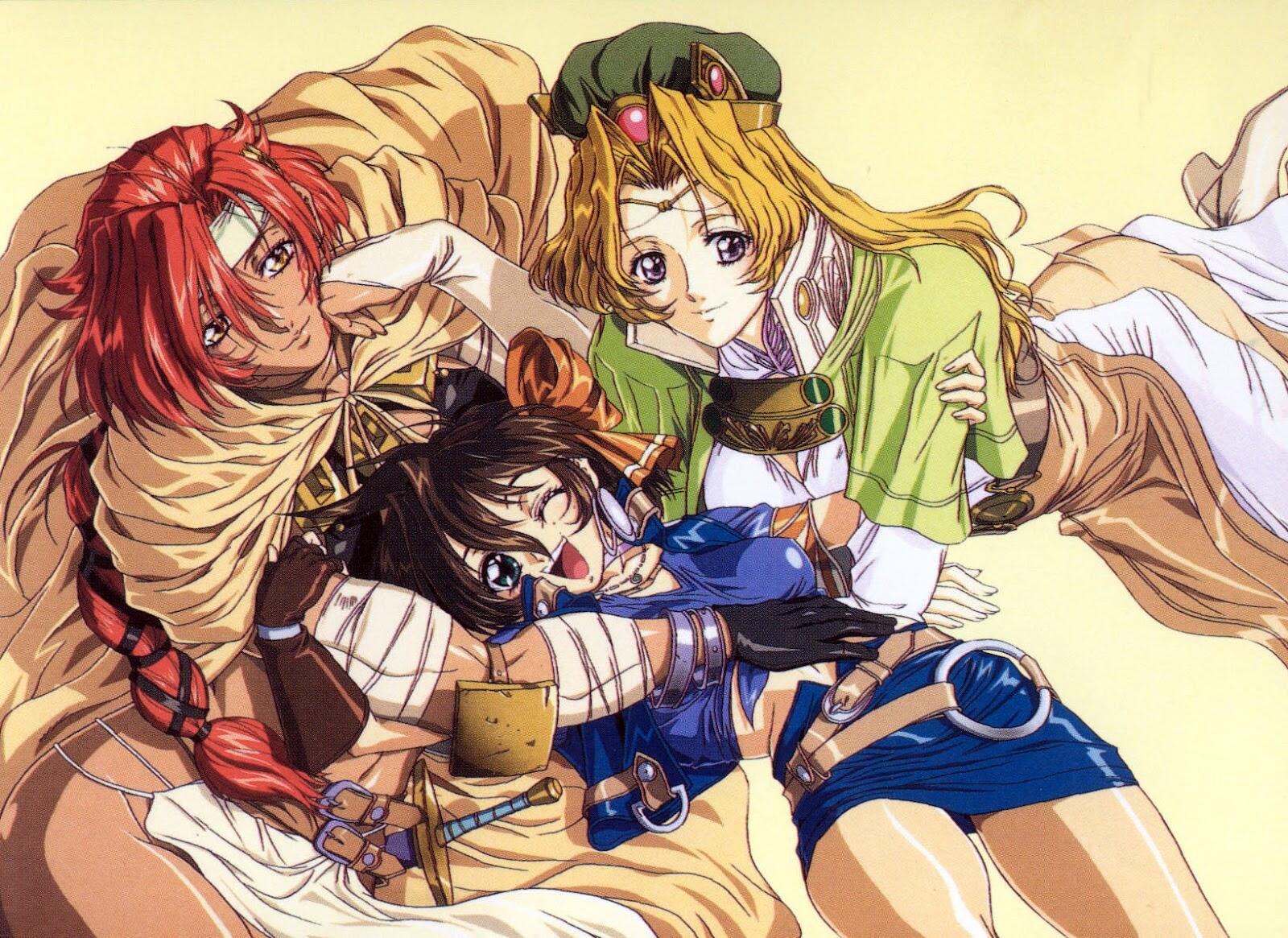 yokota mamoru, jeannie (mahou senshi louie), melissa (mahou senshi louie), merrill (mahou senshi louie), mahou senshi louie, highres, 3girls, bandages, belt, blonde hair, blush, bow, braid, bridal gauntlets, brown hair, cape, choker, circlet, closed mouth, dark-skinned female, dark skin, dutch angle, earrings, facial mark, fingerless gloves, gloves, green eyes, hair bow, hat, head rest, headband, holding own arm, hug, hug from behind, jacket, jewelry, long hair, looking at viewer, midriff, miniskirt, multiple girls, muscular, navel, necklace, one eye closed, orange eyes, pantyhose, ponytail, purple eyes, red hair, shirt, short hair, skirt, smile, sword, tied shirt, weapon