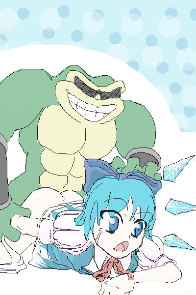 cirno, rash (battletoads), battletoads, rareware, touhou, red neckwear, aliasing, 1boy, 1girl, all fours, amphibian, ass, bestiality, blue background, blue bow, blue eyes, blue hair, bow, clothed female nude male, clothed sex, clothes lift, colored skin, crossover, crying, crying with eyes open, dress, dress lift, eyes visible through hair, frog, green skin, grin, hair bow, hetero, interspecies, legs apart, muscular, nude, oekaki, panties around leg, parted bangs, polka dot, polka dot background, puffy short sleeves, puffy sleeves, rape, sex, sex from behind, short sleeves, simple background, sketch, smile, tears, wide-eyed, yellow skin