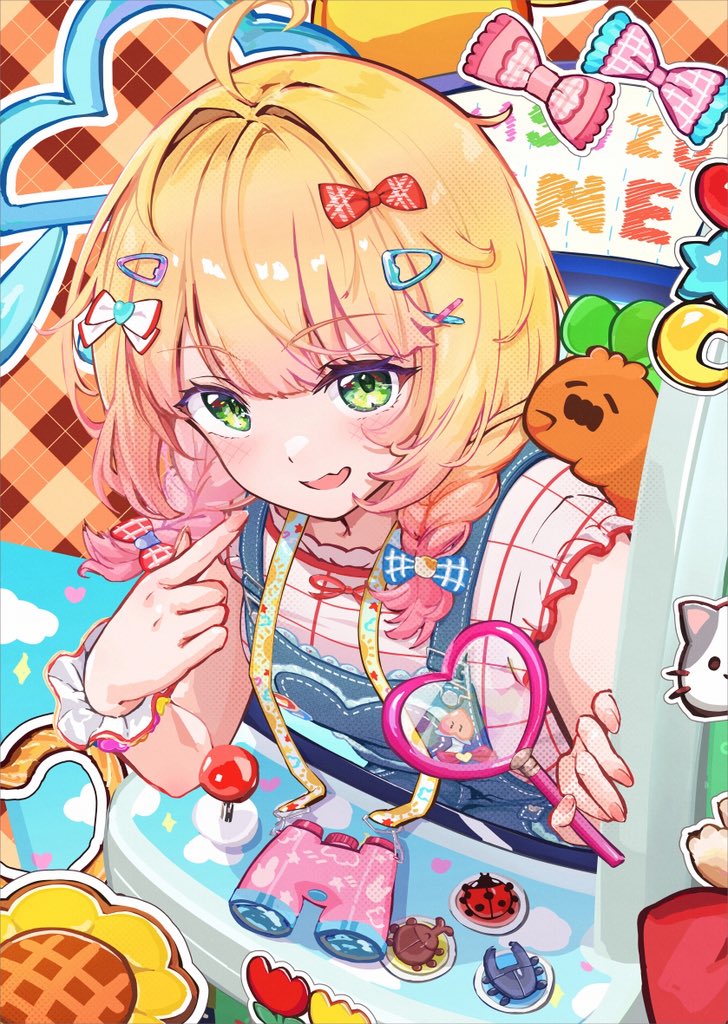amakumo517, momosuzu nene, momosuzu nene (7th costume), nekko (momosuzu nene), hololive, commentary, hashtag-only commentary, 1girl, ahoge, arcade, binoculars, blonde hair, blue ribbon, blunt bangs, braid, denim overalls, fang, frilled shirt, frills, from above, gradient hair, green eyes, hair ornament, hair ribbon, hairclip, hand rest, long hair, looking at viewer, low twin braids, magnifying glass, multicolored hair, official alternate costume, official alternate hairstyle, on shoulder, open mouth, pink hair, plaid clothes, plaid ribbon, plaid shirt, pointing, pointing at self, red ribbon, ribbon, shirt, sidelocks, skin fang, smile, through medium, twin braids, virtual youtuber, white shirt