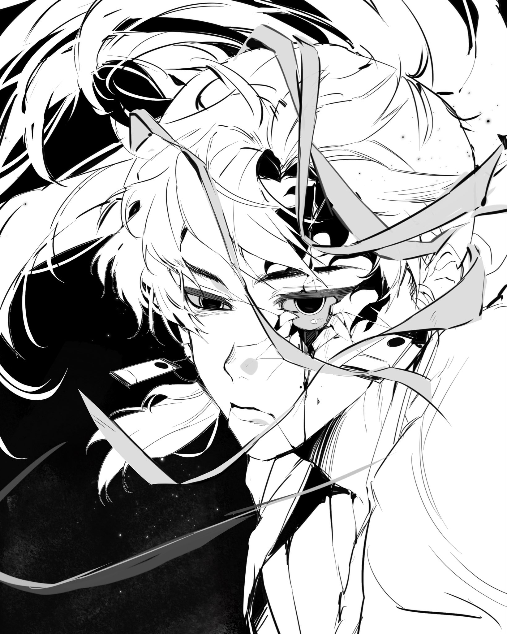 tsugikuni yoriichi, kimetsu no yaiba, highres, 1boy, black background, blood, bloody tears, closed mouth, cracked skin, earrings, empty eyes, facial tattoo, floating hair, greyscale, half-closed eyes, hanafuda earrings, haori, high ponytail, japanese clothes, jewelry, long hair, male focus, monochrome, ponytail, sia2031, solo, tattoo, upper body, very long hair