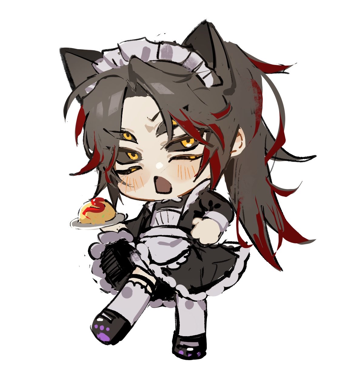kokushibou, kimetsu no yaiba, highres, 1boy, alternate costume, animal ears, black dress, black sclera, black shoes, blush, brown hair, cat ears, chibi, chibi only, colored sclera, crossdressing, crossdressing (mtf), dress, extra eyes, food, full body, hand up, high ponytail, holding, holding food, long hair, maid, maid headdress, male focus, multicolored hair, open mouth, paw print, ponytail, red hair, shoes, sia2031, simple background, socks, solo, trap, two-tone hair, white background, white socks, yellow eyes